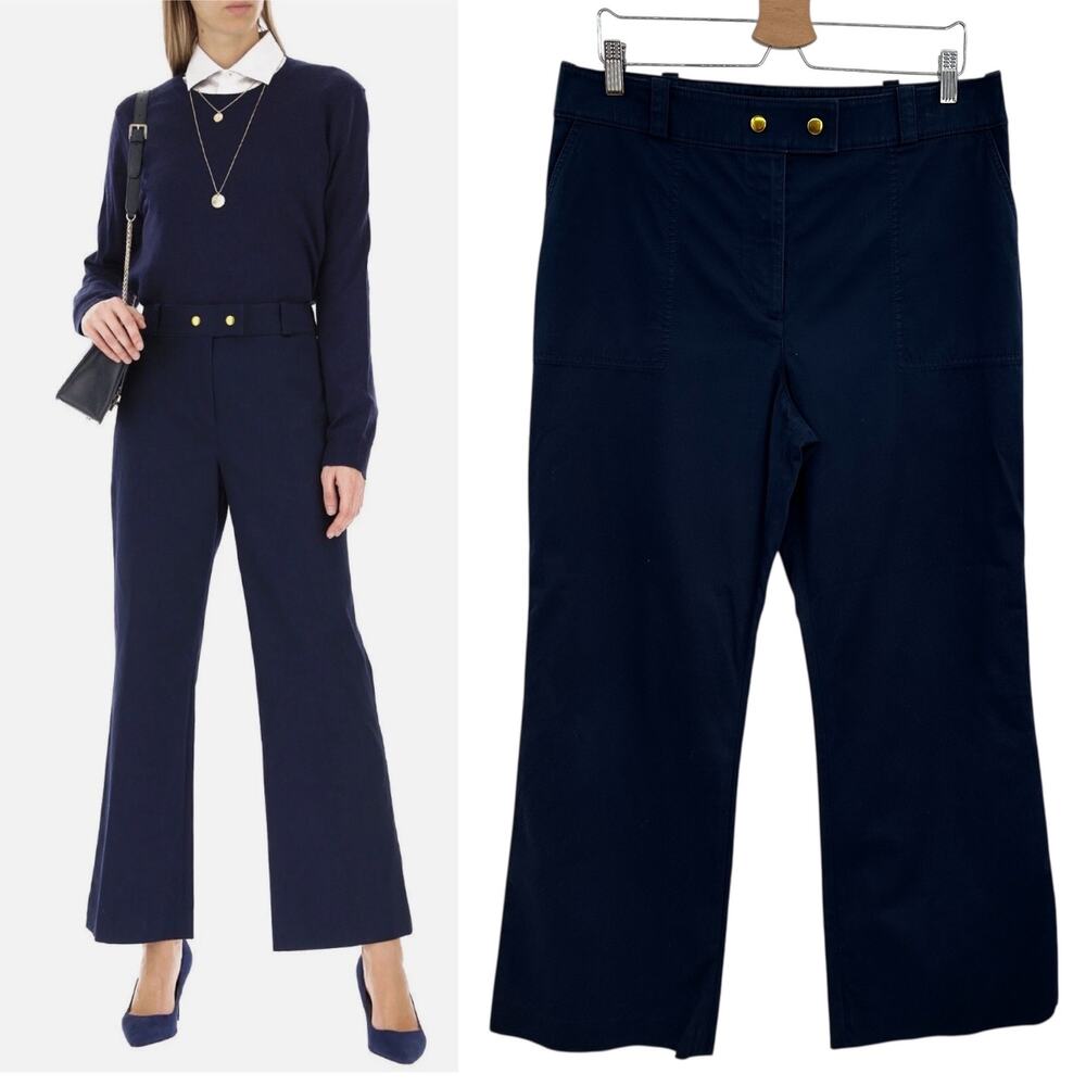 Tory Burch Maddie‎ Cropped Flare Trouser Pants Gold Button Navy Blue Size US 12